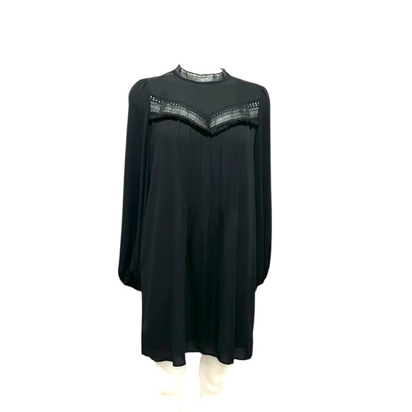 Ann Taylor long sleeve lace trim black pleated front mini dress size 8 - Picture 1 of 11